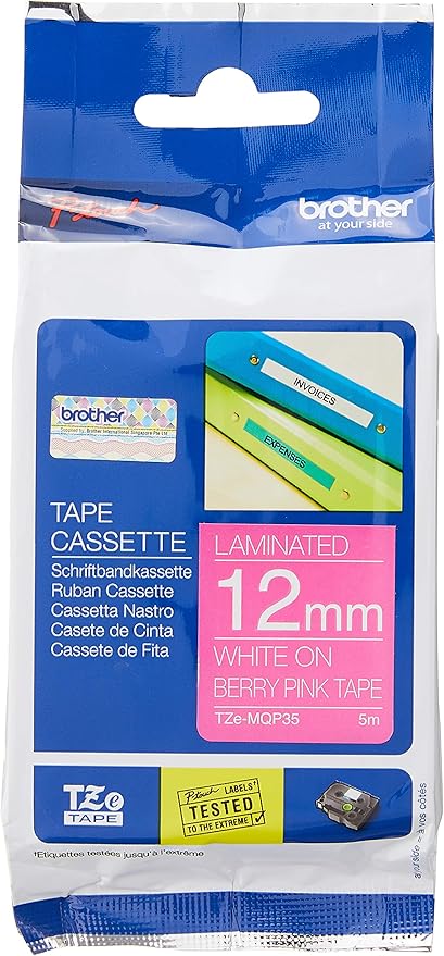 WHITE ON BERRY PINK 12MM X 5M MATT LAMINATION TZ TAPE
