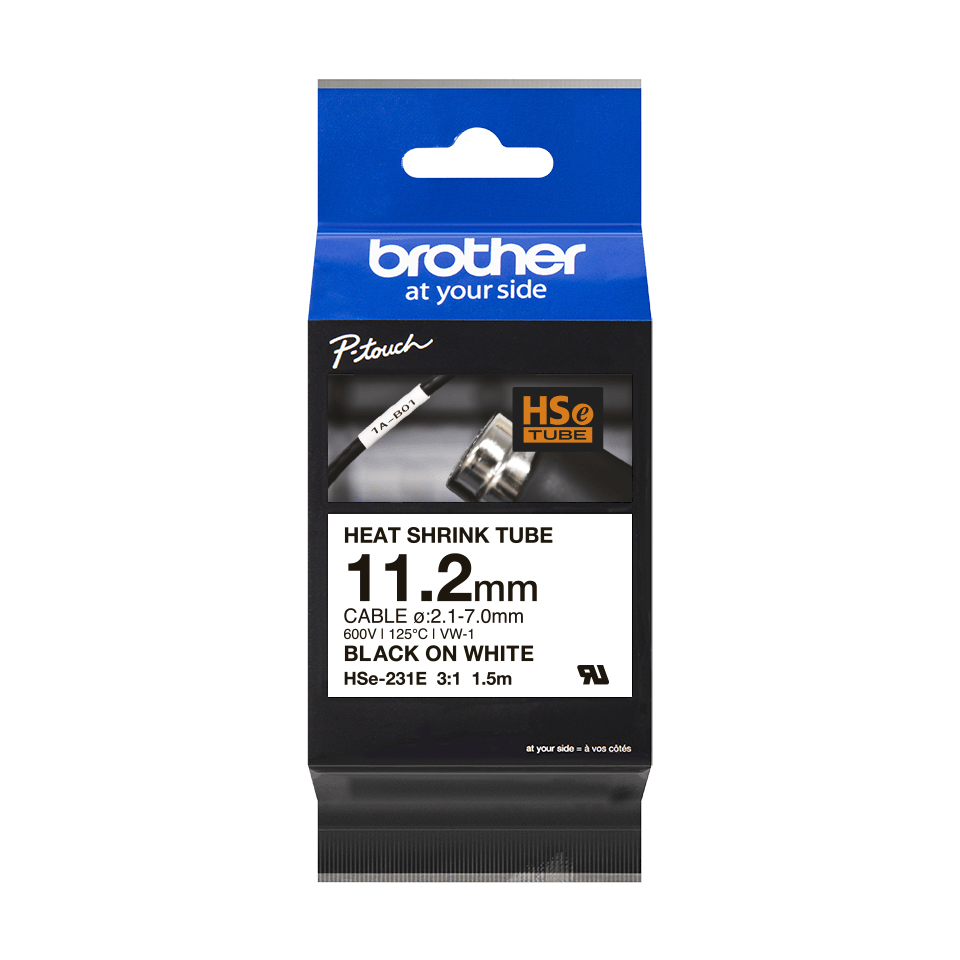 [4977766822824] 4977766822824 Brother HSE-231E 11.2MM BLACK ON WHITE HEAT SHRINK TUBE CATRIDGE 3:1 (compatible with PT-E300VP/E550WVP/D800W/P750W/P900W/P950NW)