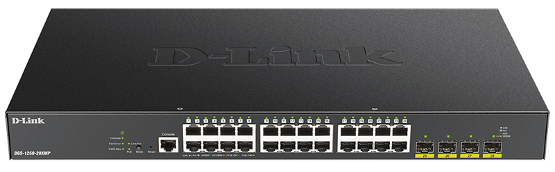 28-Port Gigabit Smart Managed PoE+ Switch with 24 PoE+ RJ45 and 4 SFP+ 10G Ports. PoE budget 370W.