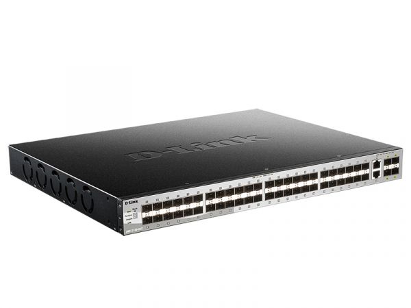 54 port Stackable Gigabit Switch with 48 SFP ports and 4 10 Gigabit SFP+ ports and 2 10GBASE-T ports.