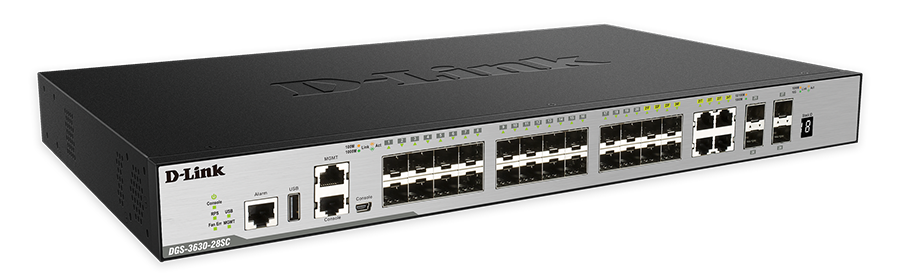 28-Port Gigabit xStack Layer 3+ Managed Stackable Switch with 24 SFP (4 Combo 1000Base-T) and 4 10 GbE SFP+ Ports  (Advanced Layer 3 functionality req