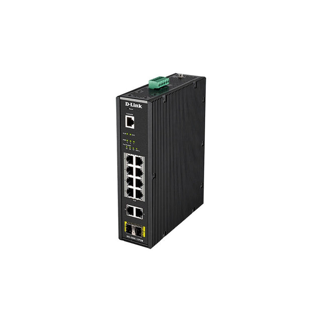 12-Port Gigabit Industrial Smart Managed PoE Switch with 10 1000BASE-T (8 PoE+) ports and 2 SFP ports, operating temp up to 75C, DIN Rail mountable