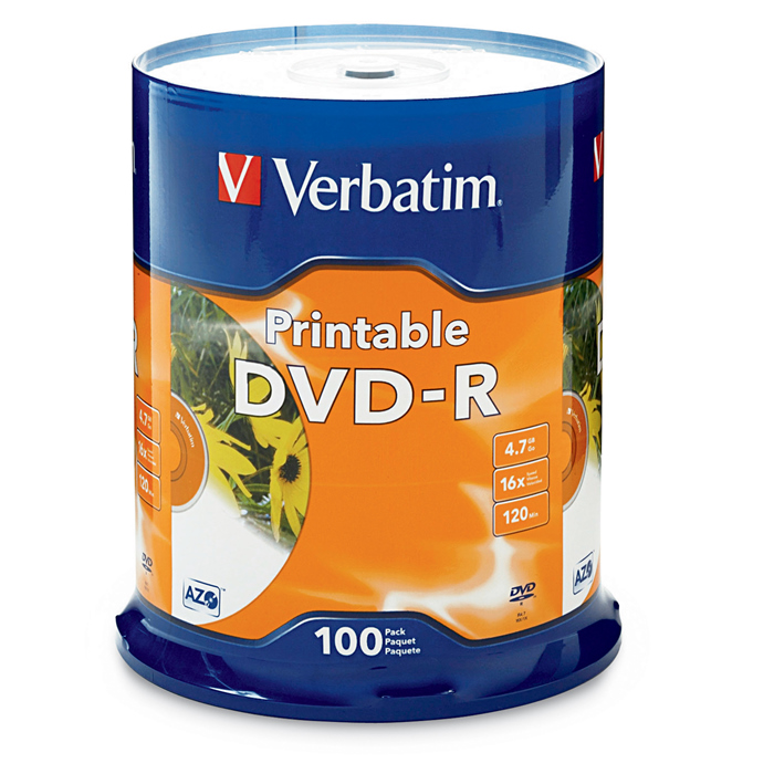 CMVD95153 Verbatim DVD-R 4.7GB 100Pk White InkJet 16x, Compatible for Full-Surface, Edge-to-Edge Printing, Superior ink absorption on high-resolution 5,760 DPI