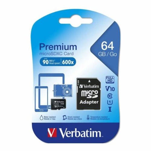 FMV-44084 Verbatim 64GB Micro SDXC Card Class 10 UHS-I With Adaptor Up to 45MB/Sec 300X read speed