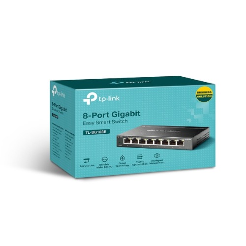 NWTL-SG108E TP-Link TL-SG108E 8-Port Gigabit Easy Smart Switch Provides network monitoring, traffic prioritization and VLAN Web-based user interface Fanless