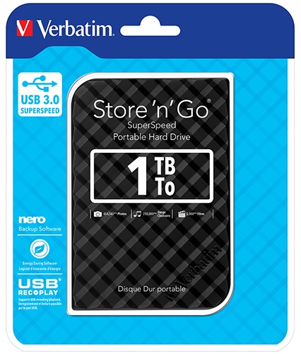 HXV-GRID1TB-BLK Verbatim 1TB 2.5' USB 3.0 Black Store'n'Go HDD Grid Design, Ultra Portable, High Speed & Capacity. Backup and Store + Nero Backup Software