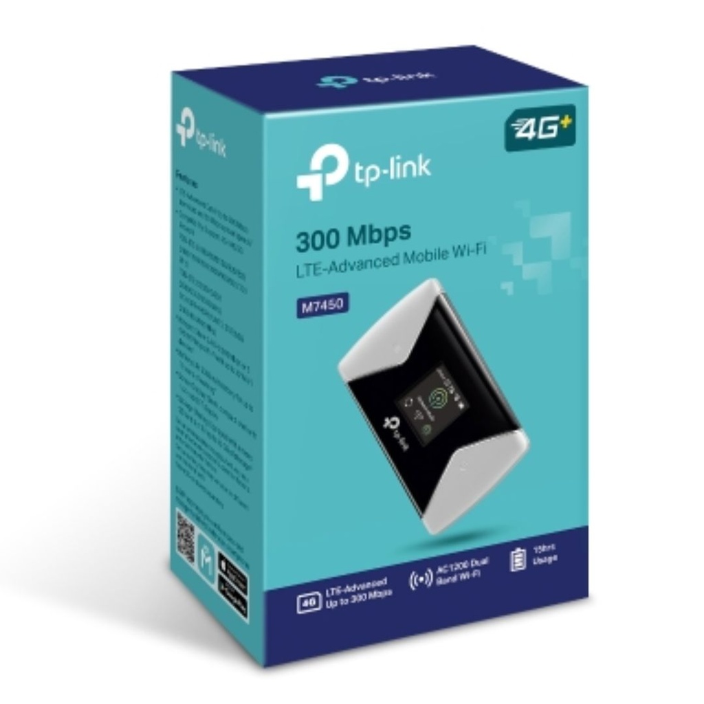 NWTL-M7450 (E)TP-Link M7450 4G-LTE Mobile Wi-Fi 300Mbps DL 50Mbps UL 4G SIM Card + microSD Slot 3000mAh 15hrs Rechargeable Battery for 32 Devices iOS/Android App