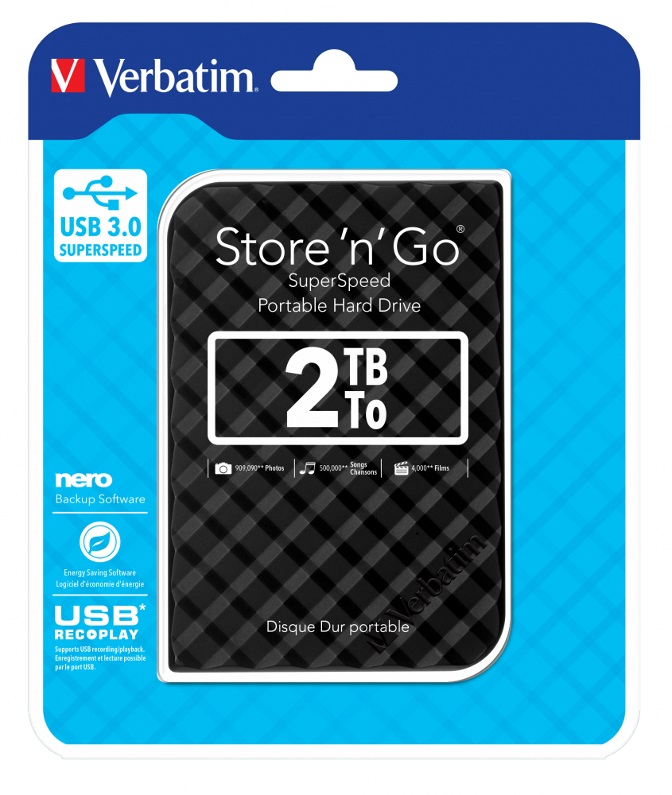 [HXV-2TBG4BLACK] HXV-2TBG4BLACK Verbatim 2TB 2.5' USB 3.0 Black Store'n'Go HDD Grid Design, Ultra Portable, High Speed & Capacity. Backup and Store + Nero Backup Software