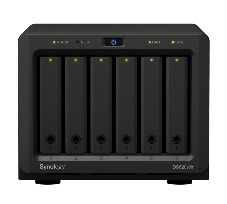 BASY-DS620SLIM Synology DiskStation DS620 slim 6 Bay NAS Intel Celeron J3355  2-core 2.0 2GB DDR3L non-ECC SODIMM Hot Swappable 2xRJ-45 1GbE LAN 2xUSB 3.0 2 yrs wty