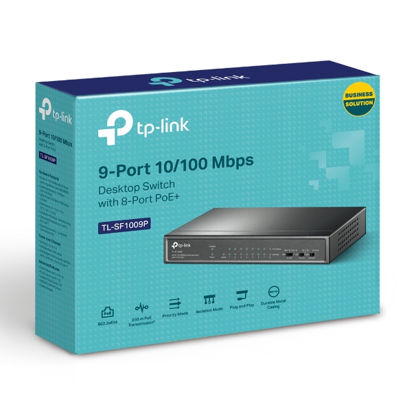NWTL-SF1009P (CH)TP-Link TL-SF1009P 9-Port 10/100Mbps Desktop Switch with 8-Port PoE+, Up to 65W for 8 PoE ports, Up to 30W for each PoE port