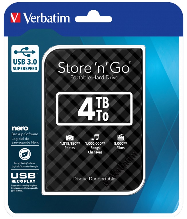 HXV-4TBG4BLACK Verbatim 4TB 2.5' USB 3.0 Black Store'n'Go HDD Grid Design.