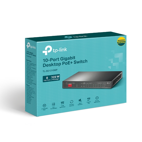 NWTL-SG1210MP TP-Link TL-SG1210MP 10-Port Gigabit Desktop Switch with 8-Port PoE+PORT: 8× Gigabit PoE+ Ports, 2x Gigabit Non-PoE Ports, 1× Combo Gigabit SFP SlotS