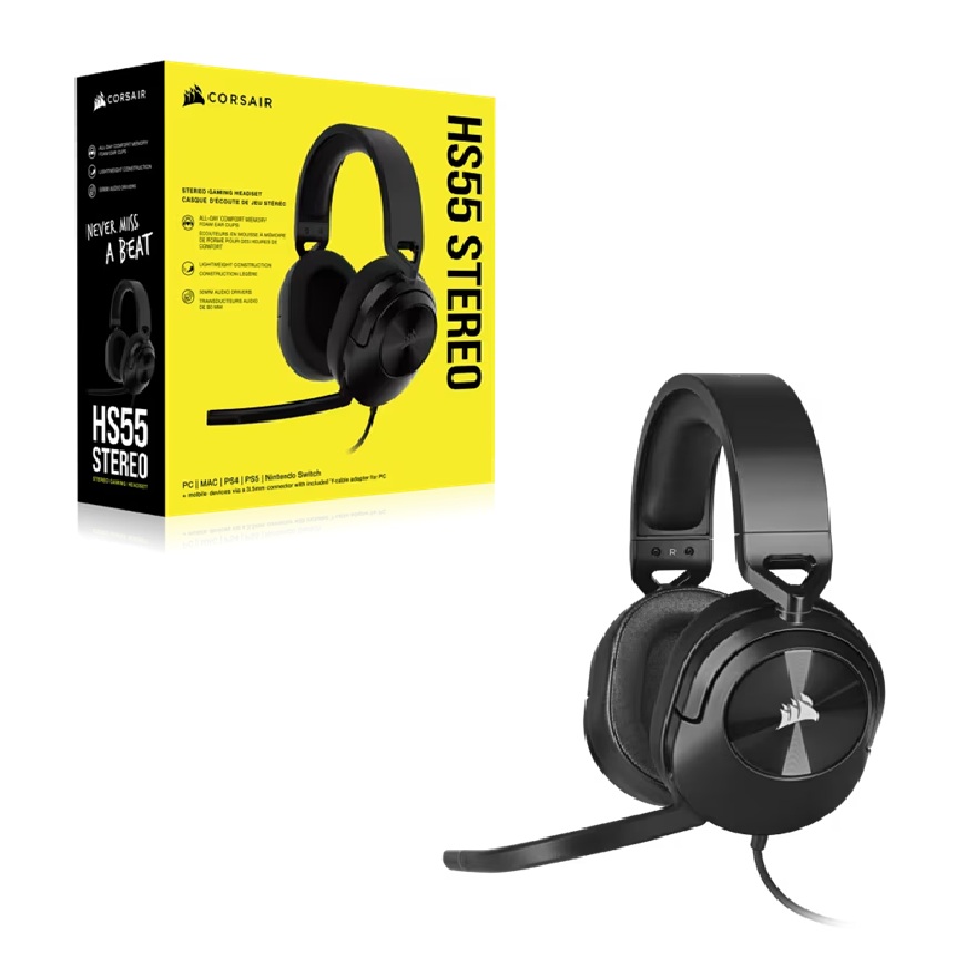[SPCA-HS55-CB] SPCA-HS55-CB Corsair HS55 STEREO Wired Gaming Headset - Carbon, 50mm drivers, 20Hz–20kHz, wired 3.5mm stereo, multi-platform support (PC/PS/Xbox/Switch/mobile)