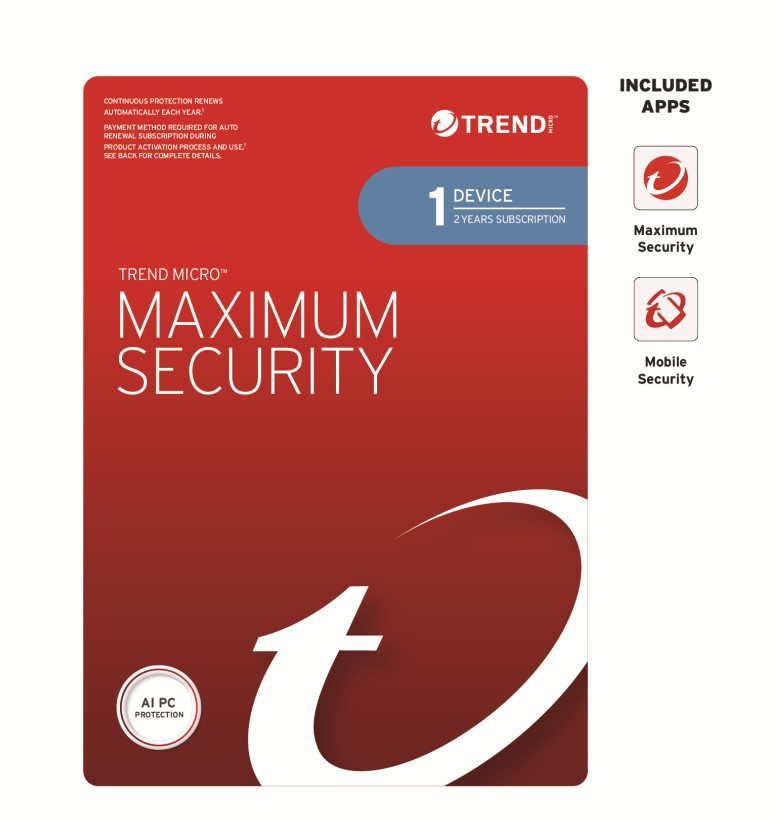 STRENDMAXSECRET1-2Y Trend Micro Maximum Security (1 Device) 2 Year Retail Mini Box Auto Renew
