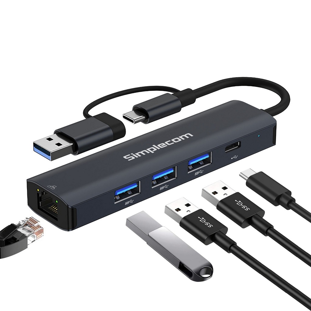 HXSI-CHN436 Simplecom CHN436 USB-C and USB-A to 4-Port USB HUB with Gigabit Ethernet Adapter