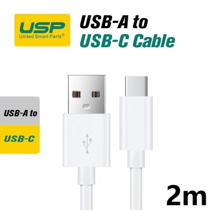 [MPA-6972890207545] MPA-6972890207545 USP USB-C to USB-A Cable (2M) White - 3A, Durable, Fast Charge, High Quality, Samsung Galaxy, iPad, MacBook, Google, OPPO, Nokia, 5 Years Warranty
