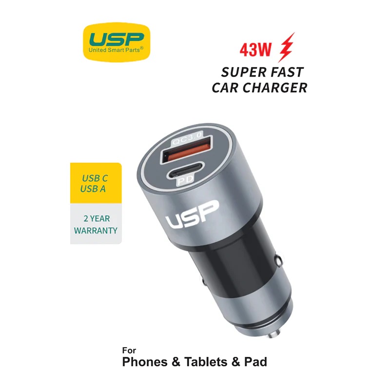 [MPA-6976552041645] MPA-6976552041645 USP 43W Dual Port Car Charger (USB-C PD 25W + USB-A QC 3.0) – Silver, Smart Protection, Dual USB, Fast charging for Samsung & iPhone, 5 Years Warranty