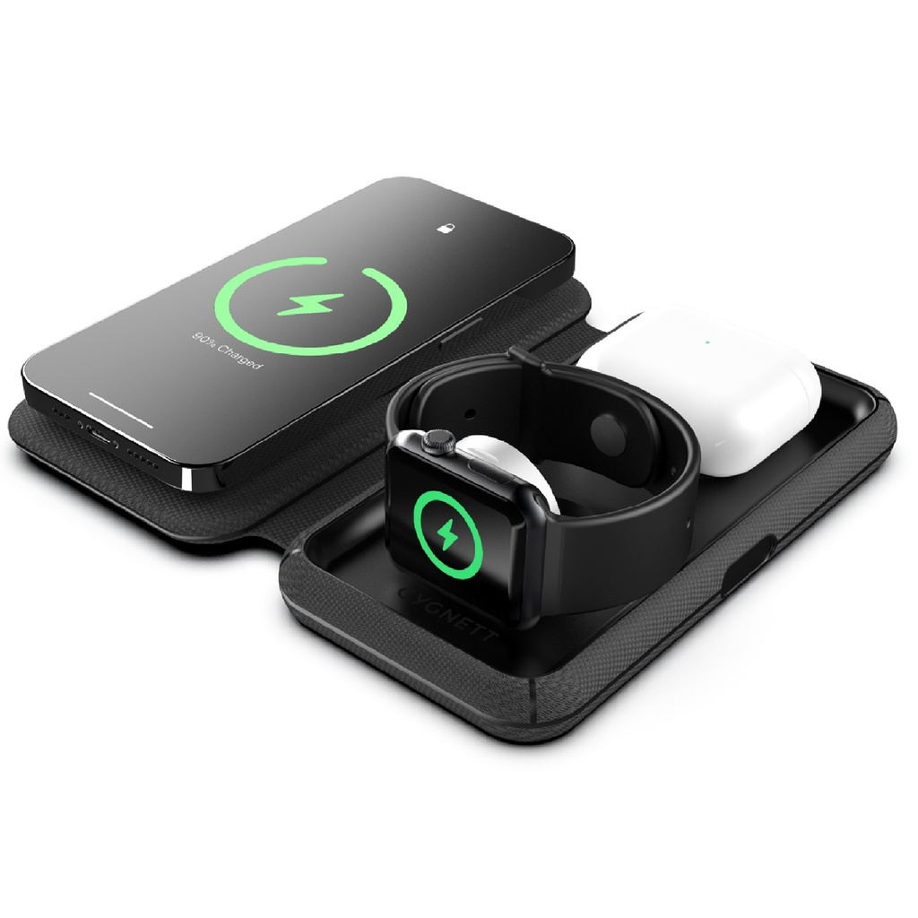 [MPA-CY4530WIRDE] MPA-CY4530WIRDE Cygnett MagTravel 15W 3-in-1 Wireless Charger - BlacK (CY4530WIRDE),MagSafe & Qi2 Compatible,1M USB-C Cable, Perfect for Travel, 2 Years Warranty