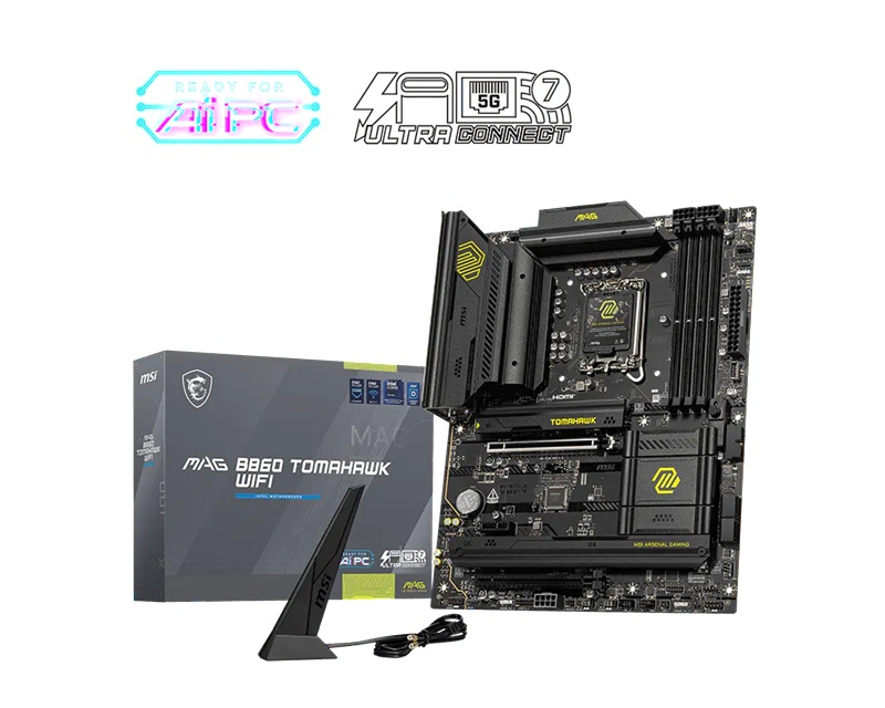 MBM-B860TOMAHAWKWIFI MSI MAG B860 TOMAHAWK WIFI, INTEL B860, 4x DDR5 256GB, 1x HDMI, 2x PCI-E x16 slot, 1x PCI-E x1, 3x M.2, 4x SATA 6G, 8x USB 2.0. Intel® Killer™ BE1750