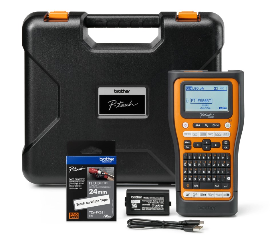 PRB-PT-E560BTVP Brother PT-E560BTVP Industrial Handheld Label Printer  - 3 Year Warranty, included Carry case, Rechargeable Li-Ion battery,1xTZE-FX241 and USB-A Cable