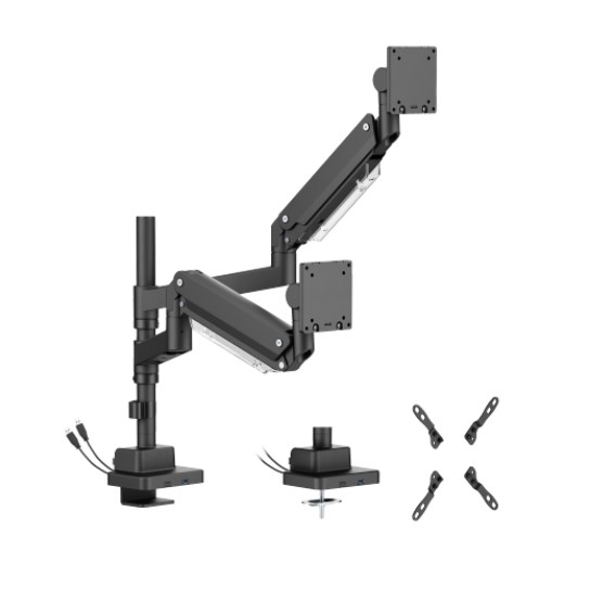 [MABT-LDT80-C024UCP] MABT-LDT80-C024UCP Brateck LDT80-C024UCP Matte Black Super Heavy-Duty Pole-Mounted Gas Spring Dual Monitor Arm with USB-A and USB-C Ports For most 24'-57' Monitors (LS)