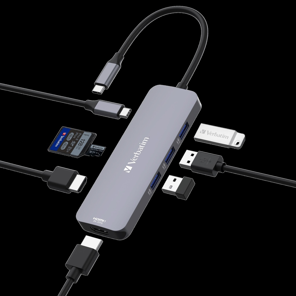 [USV-32151] USV-32151 Verbatim USB-C Pro Multiport Hub 8 Ports, 2x HDMI 8K30+4K30 dual display, 3x USB-A 3.2 Gen1, SD + microSD, USB-C PD 100W in/85W to host