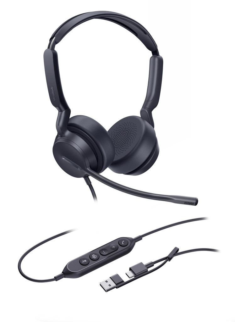 IPY-UH42-D-MS-CA Yealink UH42 Dual Teams USB-C/A Microsoft Certified Teams USB Wired Headset, Noise-Canceling Microphone, Leather Ear Cushions Controller Teams  button