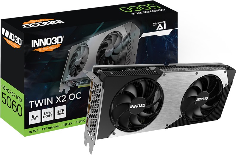 [VCI-RTX5060-TWX2O] VCI-RTX5060-TWX2O INNO3D nVidia GeForce RTX 5060 TWIN X2 OC 8GB GDDR7, 2527MHz Boost Clock, RAM 28Gbps, 3xDP, 1xHDMI 250x116x41mm