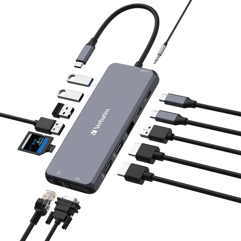 [USV-32154] USV-32154 Verbatim USB-C Pro Multiport Hub 14 Ports, 2x HDMI 4K + VGA, RJ45 1GbE, USB-C PD 100W in/85W to host, USB-C data + 5x USB-A, SD + microSD, audio