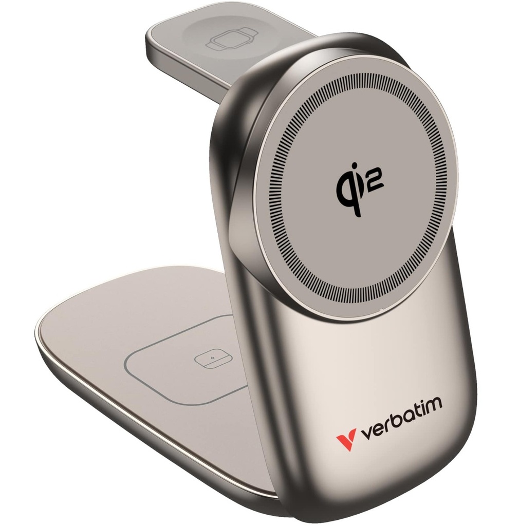 MPV-67038 Verbatim 3 in 1 Wireless Docking Qi2 Certified, Magnetic Wireless Charging. 2.5W/5W/15W