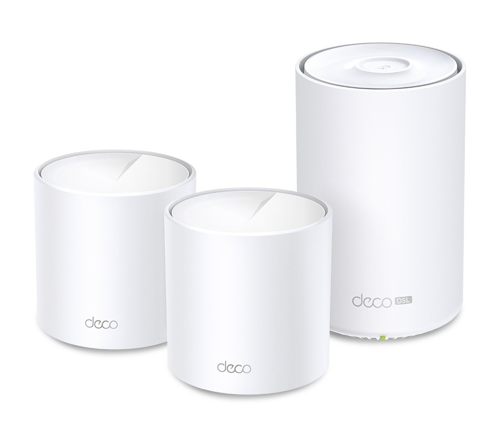 NWTL-DECOX50-DSL-3 (E)TP-Link Deco X50-DSL(3-pack) AX3000 VDSL Whole Home Mesh WiFi 6 Router, 574 Mbps at 2.4 GHz + 2402 Mbps at 5 GHz, VDSL Profile 35b 350/60 Mbps