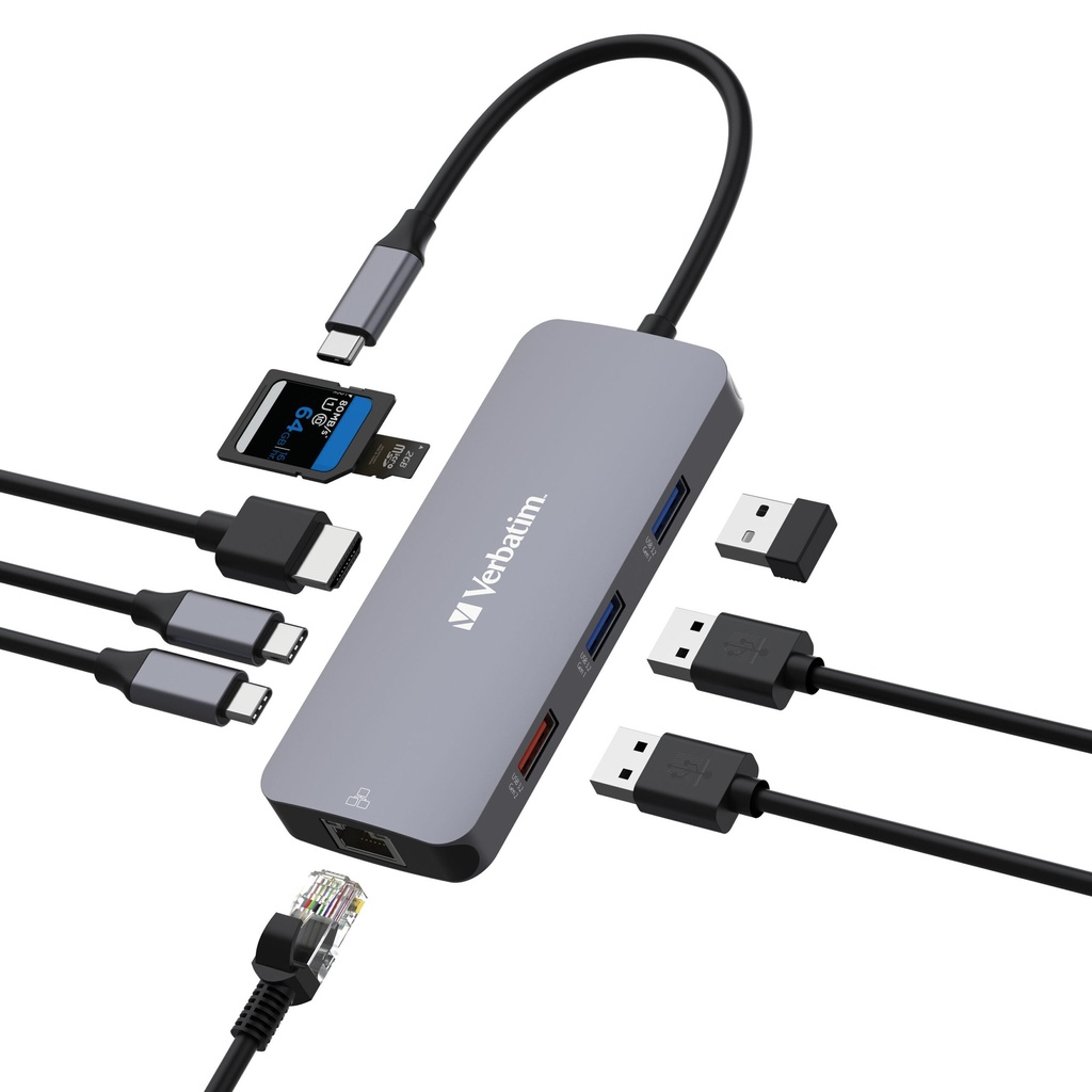 [USV-32152] USV-32152 Verbatim USB-C Pro Multiport Hub 9 Ports, HDMI 4K60, RJ45 1GbE, 2x USB-C + USB-A 3.2 Gen2 10Gbps data only, 2x USB-A Gen1, SD + microSD, bus powered