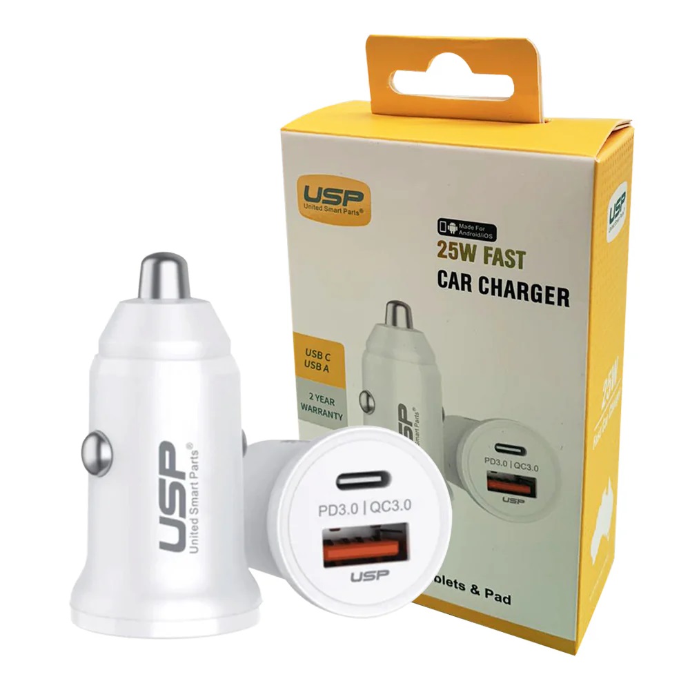 [MPA-6976552041638] MPA-6976552041638 USP 43W Dual Port Fast Car Charger - White, 1xUSB-C(25W), 1xUSB-A(18W QC 3.0), Compact & Lightweight, 5 Years Warranty