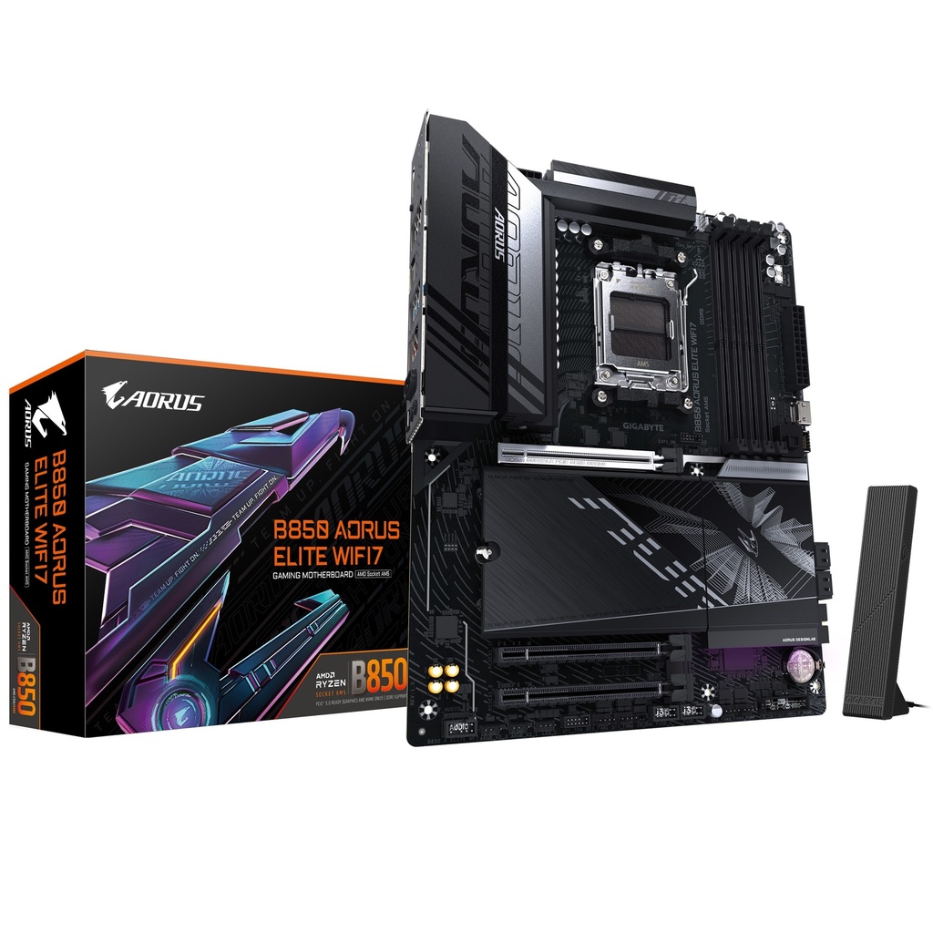 MBG-B850AELITEWF7 Gigabyte B850 A ELITE WF7 1.0, AMD AM5, 4 x DDR5 up to 256 GB, 1 x HDMI. 3x PCI Express x16, 3 x M.2, 4 x SATA, 9x USB 3.2
