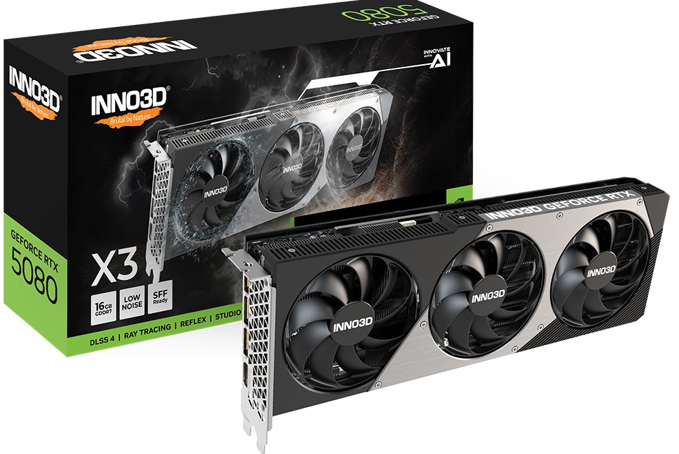[VCI-RTX5080-X3N] VCI-RTX5080-X3N INNO3D nVidia GeForce RTX 5080 X3 16GB GDDR7 2617 MHz Boost Clock, RAM 30 Gbps, 3x DP, 1xHDMI 300x116x41mm Dual Slot