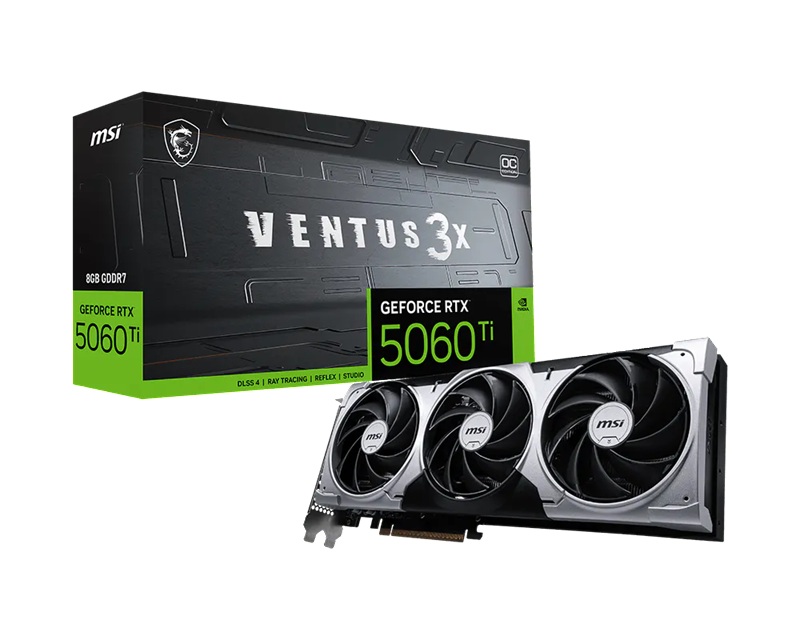 [VCM-RTX5060T8GVENTUS3XOC] VCM-RTX5060T8GVENTUS3XOC MSI nVidia GeForce RTX™ 5060 Ti 8G VENTUS 3X OC, PCI Express® Gen 5 x 16, Boost: 2602 MHz, CUDA 4608 Units, 8GB GDDR7, HDMI™ x 1