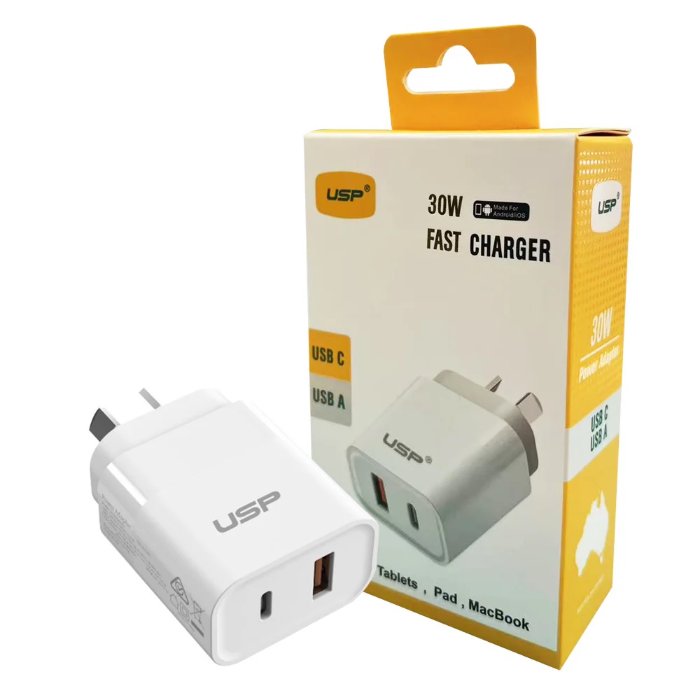 MPA-6976552042581 USP 30W Dual Port Fast Wall Charger - White, 1xUSB-C(30W PD), 1xUSB-A(18W QC 3.0), Compact and Lightweight, 5 Years Warranty