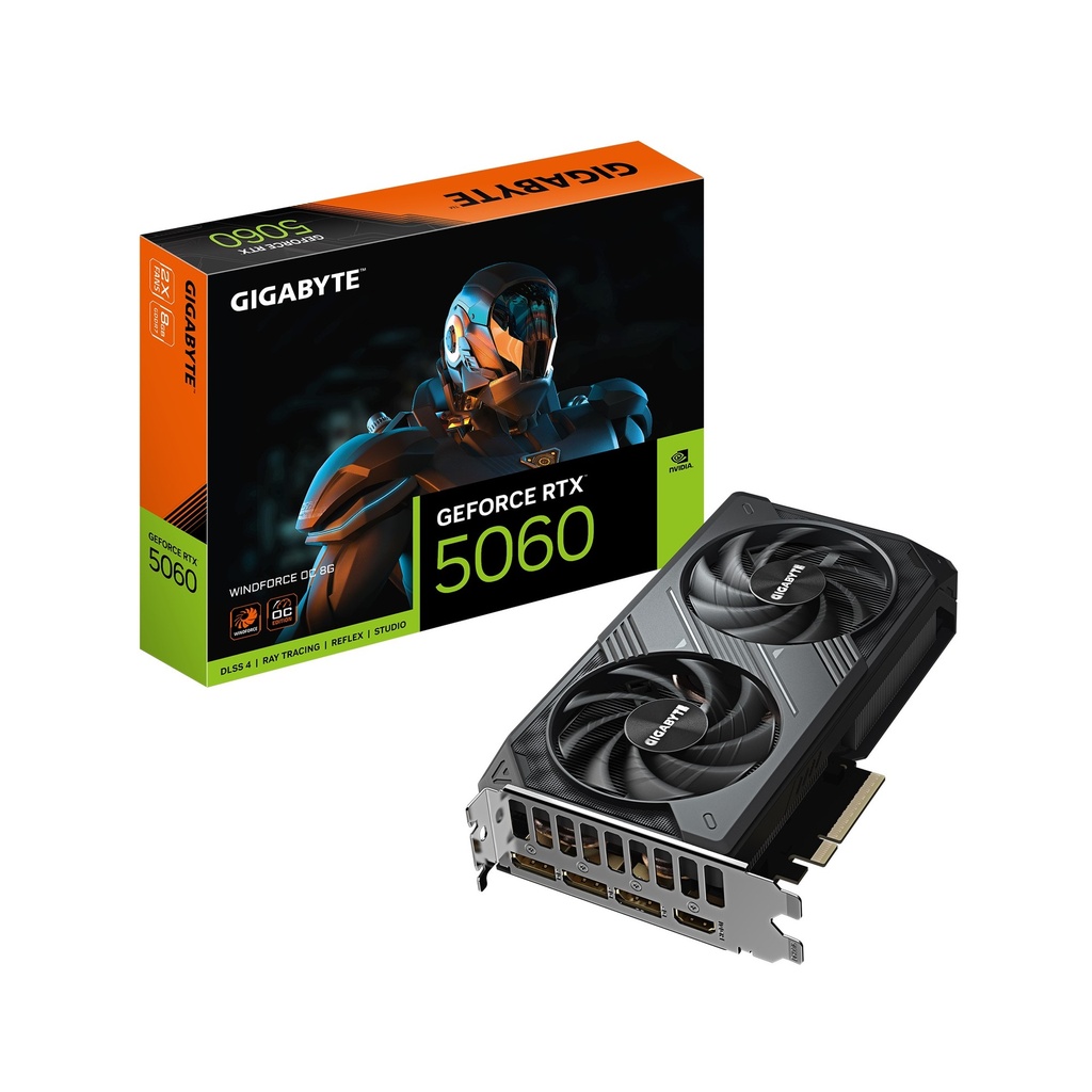 [VCG-GV-N5060WF2OC-8GD] VCG-GV-N5060WF2OC-8GD Gigabyte GeForce RTX™ 5060 WINDFORCE OC 8G, 2512 MHz, CUDA 3840, 28 Gbps. GDDR7, 128 bit, PCI-E 5.0, PSU 450W, DisplayPort 2.1b *3 HDMI 2.1b x1