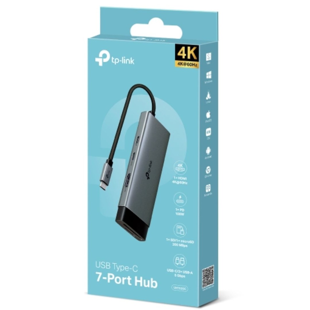 [USTL-UH7020C] USTL-UH7020C TP-Link UH7020C USB Type-C 7 in 1 Hub, 4K@60Hz HDMI, SD & microSD UHS-I, 100W Power Delivery, 1× USB-C Data Port, 2× USB-A Data Ports.