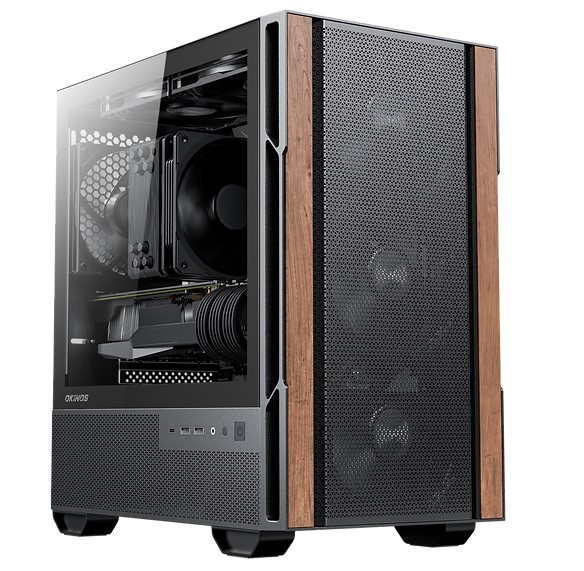 CAO-CP3WOOD OKINOS Cypress 3 Genuine Walnut Wood MicroATX  with 4×120mm, USB-C, 3 Pin Non-PWM Case Fans Pre-Installed,Temper Glass Side Panel, Case