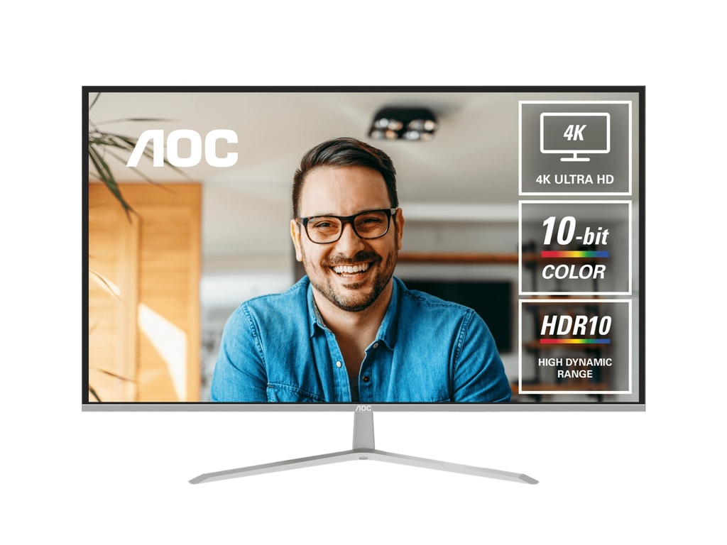 MNAO-U32V11N AOC 31.5' 4K Monitor – UHD 3840×2160 @60Hz, VA panel, 4ms GtG, 124% sRGB, DP 1.4, HDMI 2.0, 1.07B colors, Delta E<2, tilt adjustable (LS)