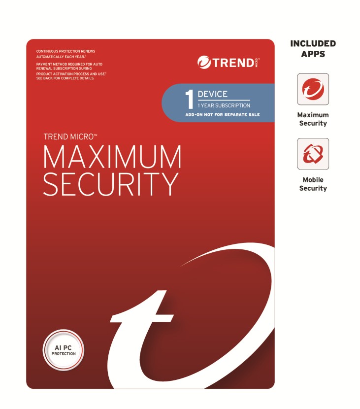 STRENDMAXSECRET1-1Y-O Trend Micro Maximum Security (1 Device) 1 Year Add-on Auto Renew OEM