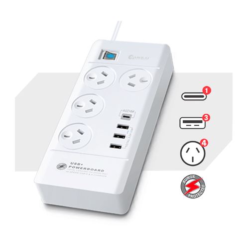 UPSA-PAD-8044 Sansai 4 Outlet 3xUSB-A & 1xUSB-C Powerboard Master On/Off switch Surge and overload protected Fast charging 1M 20W 220-240V 10A IV Retail box