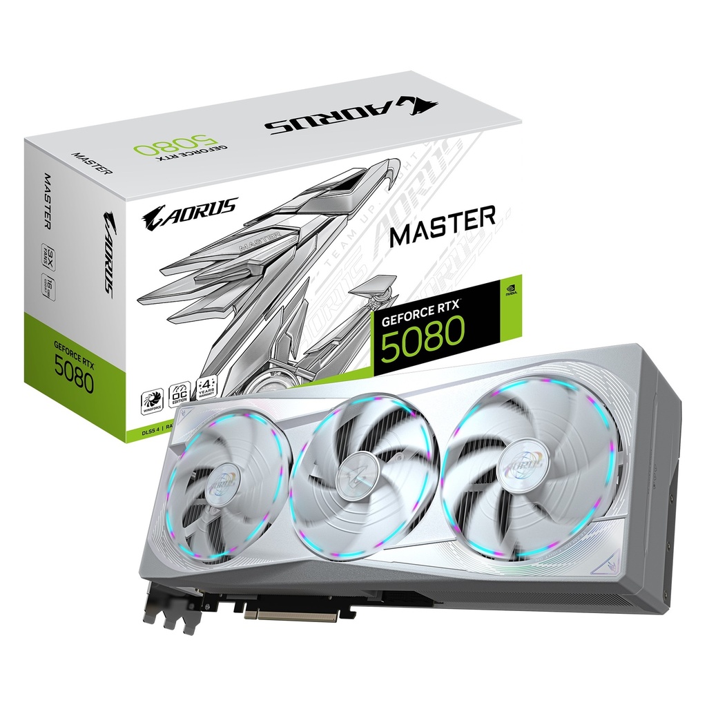 [VCG-GV-N5080AORUSM-16GDIC] VCG-GV-N5080AORUSM-16GDIC Gigabyte AORUS GeForce RTX™ 5080 MASTER ICE 16G, 2805 MHz, CUDA 10752, 30 Gbps, GDDR7, 256 bit, PCI-E 5.0, PSU 850W, DisplayPort 2.1b x3 HDMI 2.1b x1