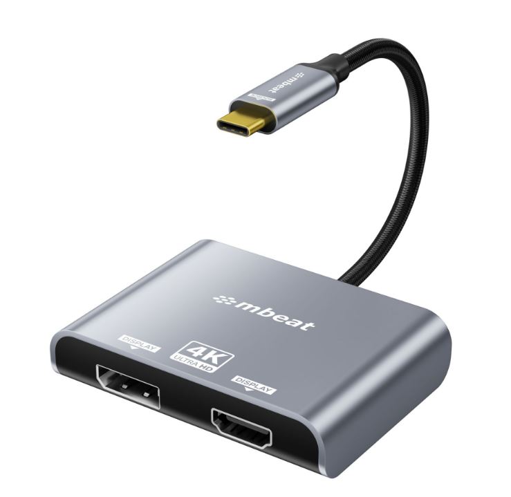USMB-XAD-C2DPHD (LS) mbeat® Tough Link USB-C to DP&HDMI Dual 4K/60Hz MST Adapter 4K (3840x2160) @ 60Hz, 4K (3840x2160) @ 30Hz, 2K (2560x1440) @ 60Hz - Space Grey