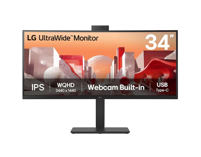 [MNL-34BA85QE-B] MNL-34BA85QE-B LG 34' UltraWide QHD Curved IPS 60Hz Monitor, 3440x1440, sRGB 99%, HDR10, Full HD Webcam/Mic/Speakers, USB-C 90W PD, RJ45, Adj Tilt/Height/Swivel