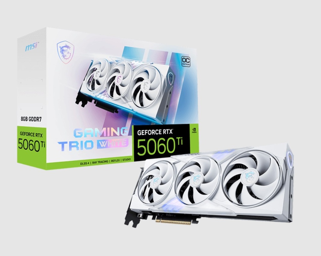 [VCM-RTX5060T8GGAMTRIOOCWH] VCM-RTX5060T8GGAMTRIOOCWH MSI nVidia GeForce RTX 5060 Ti 8G GAMING TRIO OC WHITE, PCI Express® Gen 5 x 16, Boost: 2647 MHz, CUDA 4608 Units, 8GB GDDR7, HDMI™ x 1