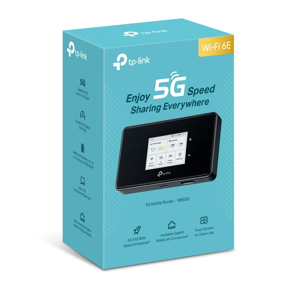 [NWTL-M8550] NWTL-M8550 TP-Link M8550 5G Mobile Wi-Fi, 2880 Mbps at 6 GHz or 2880 Mbps at 5 GHz 688 Mbps at 2.4 GHz, 5G 3.4Gbps/900Mbps, 4G Cat19 1.6Gbps/2