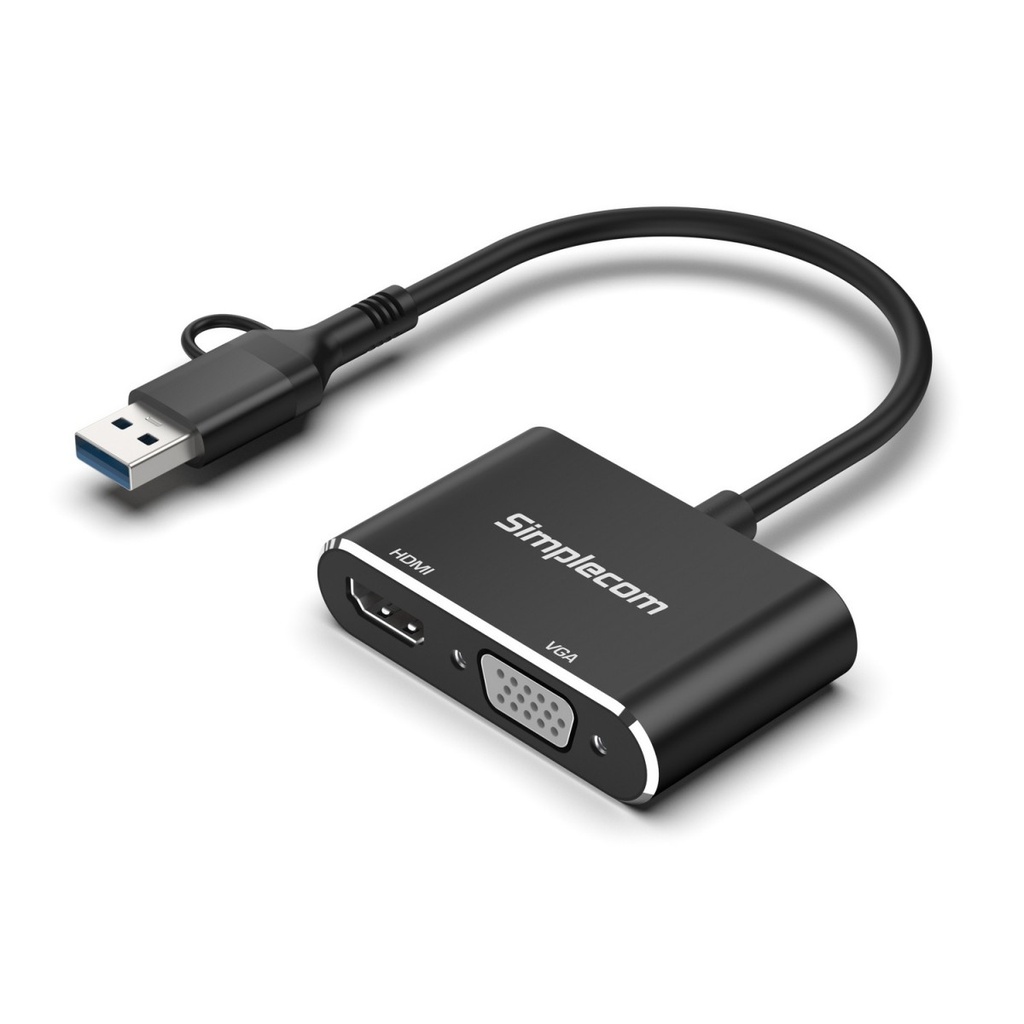HXSI-DA326C Simplecom DA326C USB 3.0 and USB-C to HDMI + VGA Video Card Adapter Full HD 1080p