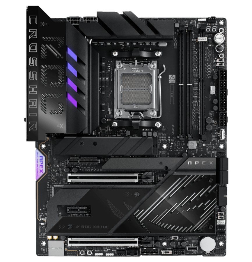 MBA-X870E-ROG-APEX ASUS AMD ROG CROSSHAIR X870E APEX (AM5) ATX Motherboard, DDR5, 18+2+2 Power Stages, AI Cache Boost, PCie 5,0 2x X16, 3x M.2, USB 4, Wi-Fi 7